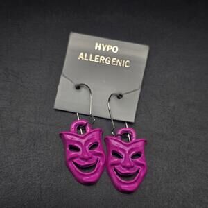 Pink Comedy Theater Mask Earrings Vintage 1980s NOS NWT On Card